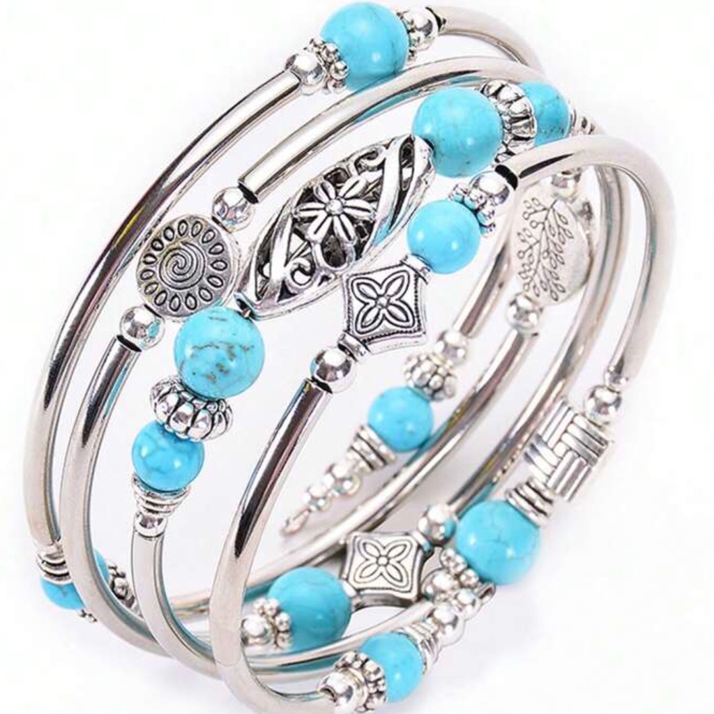 Womens Turquoise Beaded Multi Layered Silver Bracelet New 17$